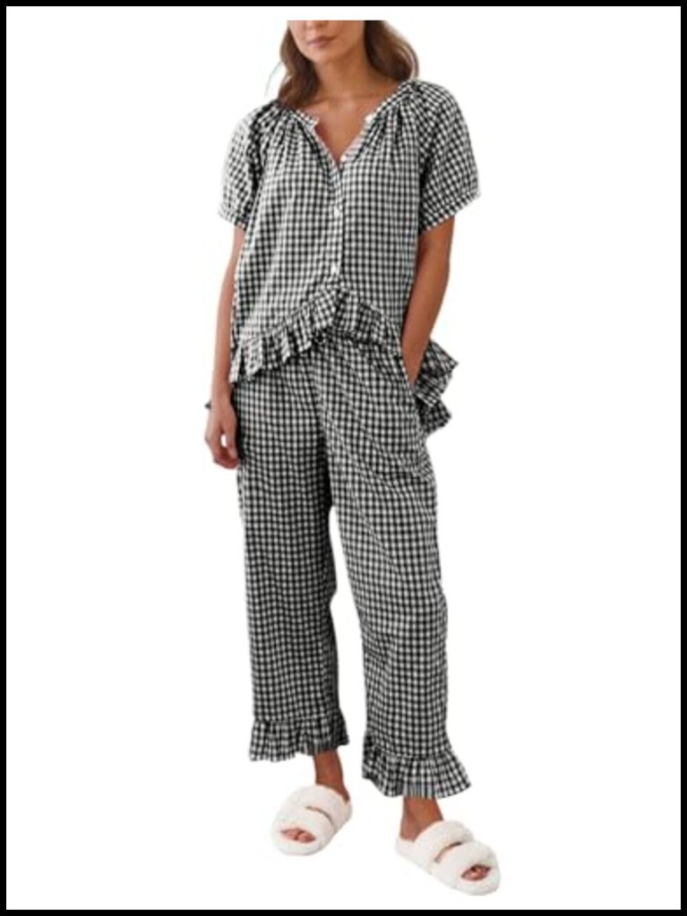 Gingham Pajama Set Womens 2 Piece Cotton Button Down Top Pants Lounge